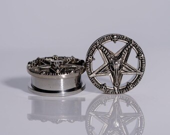 Baphomet Pentagram Stainless Steel Tunnels - Screw On Tunnel (Pair) - Pss14