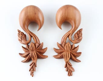 1" Growing Flower Wood Earrings - 25 mm Stretch Gauged Earrings -  1 Inch Hand Carved Stretch Earrings - 25mm ear stretch - A025