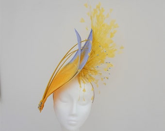 Yellow hatinator, blue hat, yellow fascinator, Mother of the Bride,Royal Ascot, Wedding hat, Kentucky Derby Fascinator,