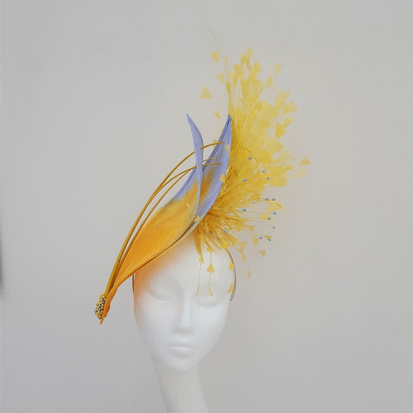 Yellow hatinator, blue hat, yellow fascinator, Mother of the Bride,Royal Ascot, Wedding hat, Kentucky Derby Fascinator,