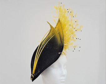 black & yellow hatinator. Wedding Hat. Mother of the Bride, Royal Ascot Fascinator, Melbourne Cup,Kentucky Derby, Ladies Day