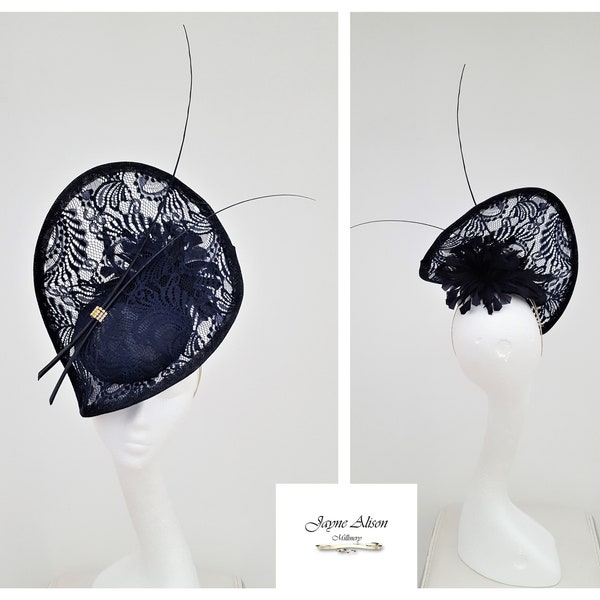 Navy Blue lace Hatinator, Wedding Hat, Mother of the Bride Hat, Ladies Day Fascinator, Royal Ascot Fascinator, Navy Kentucky Derny Hat