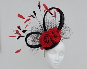 Black & red hatinator, wedding hat, mother of the bride, Black red fascinator,Royal Ascot Hat,Kentucky Derby,Melbourne Cup