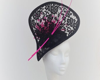 Black and Cerise Pink, Lace Hatinator, Wedding Hat, Royal  display picture 3
