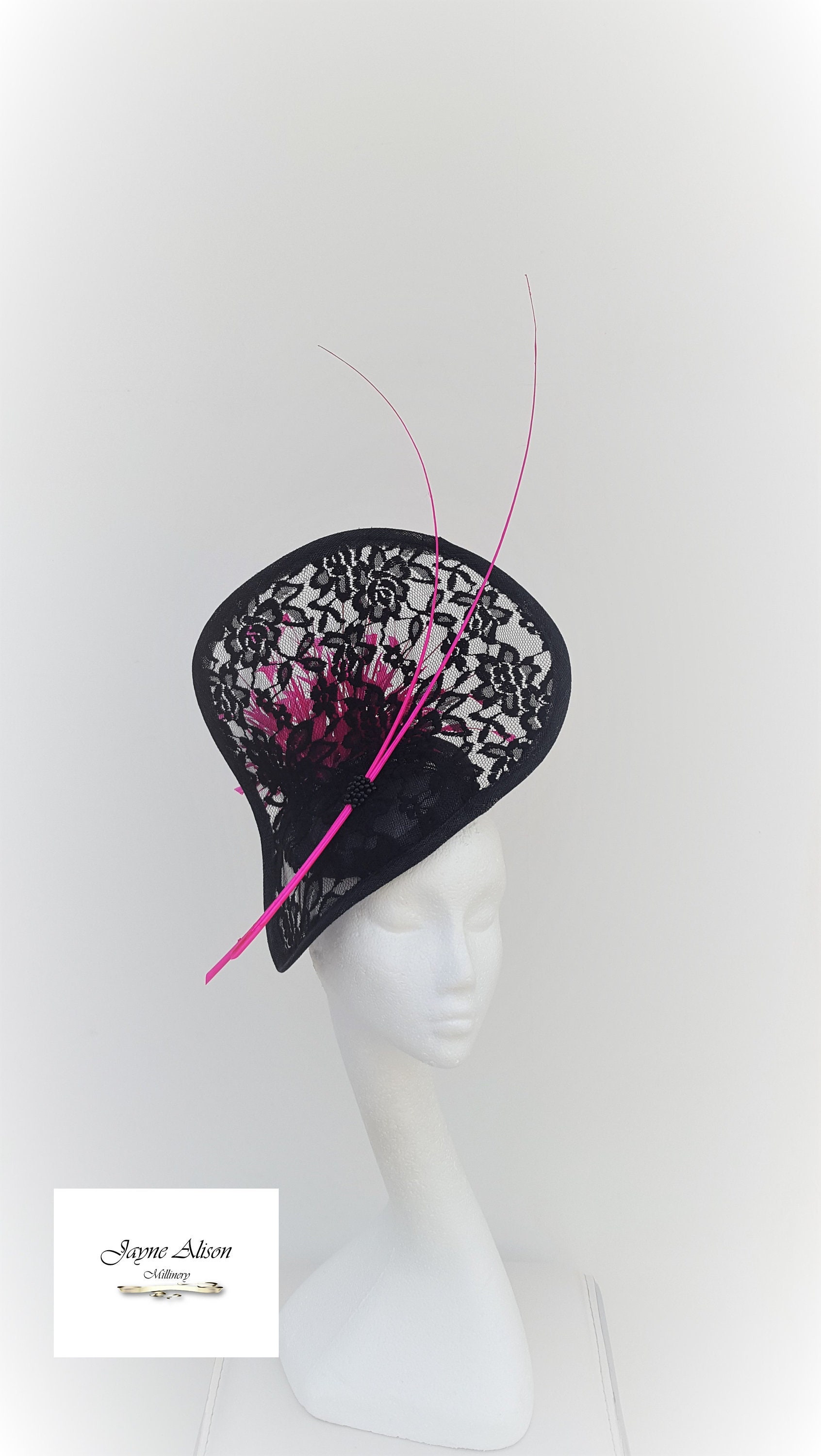 Royal Landon Black and Pink Fascinator hat- New Pink Black Feather Fascinator Hat, Kentucky Derby Fascinator  main image 4