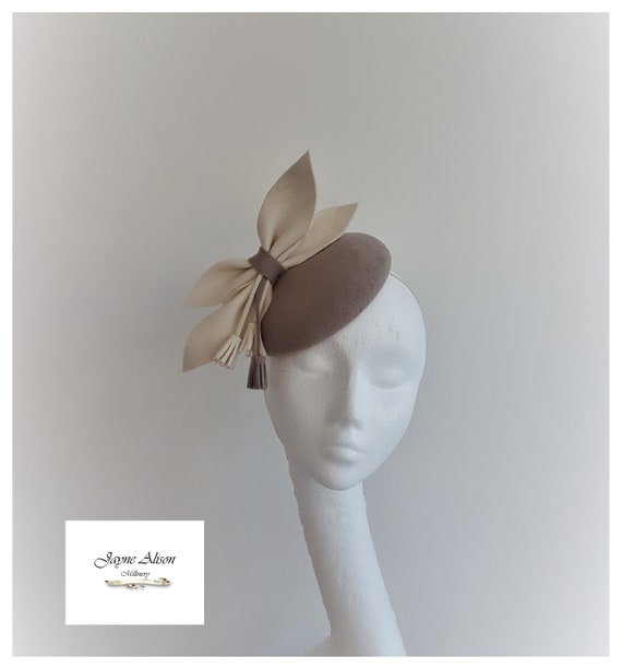 Wool Felt Button Fascinator in Taupe 