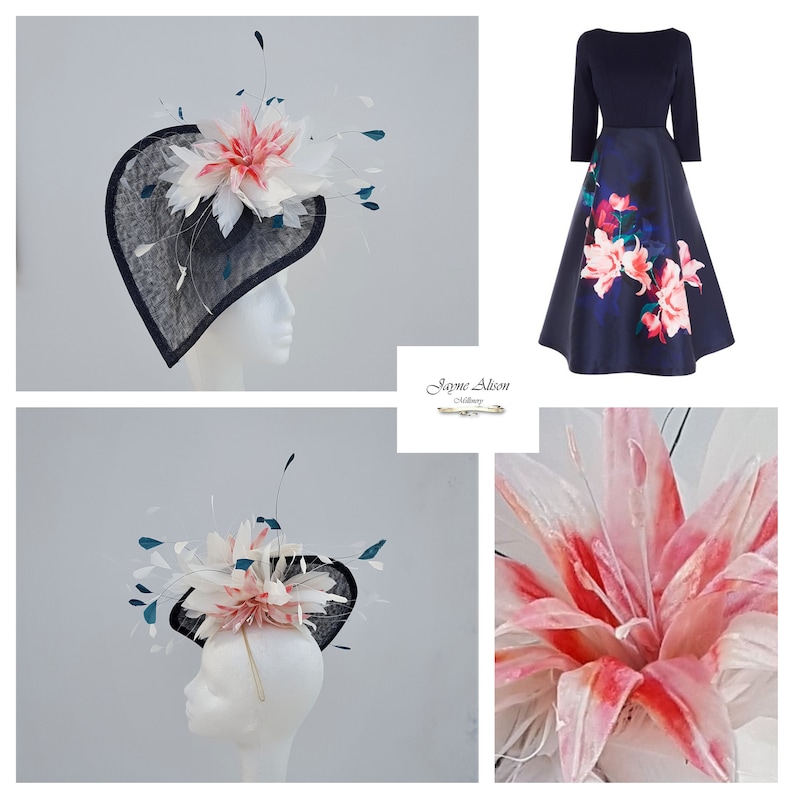Gorgeous Navy Hatinator wedding hat Melbourne Cup,Ladies Day mother of the bride Kentucky Derby,Royal Ascot Fascinator Pink lily flower