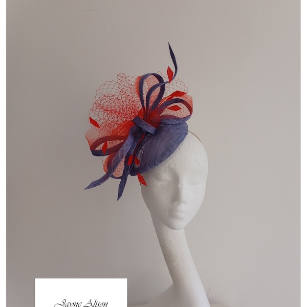 Periwinkle blue and red, button teardrop fascinator, wedding hat, Mother of the Bride, Royal Ascot, Kentucky Derby Hatinator, Ladies day Hat