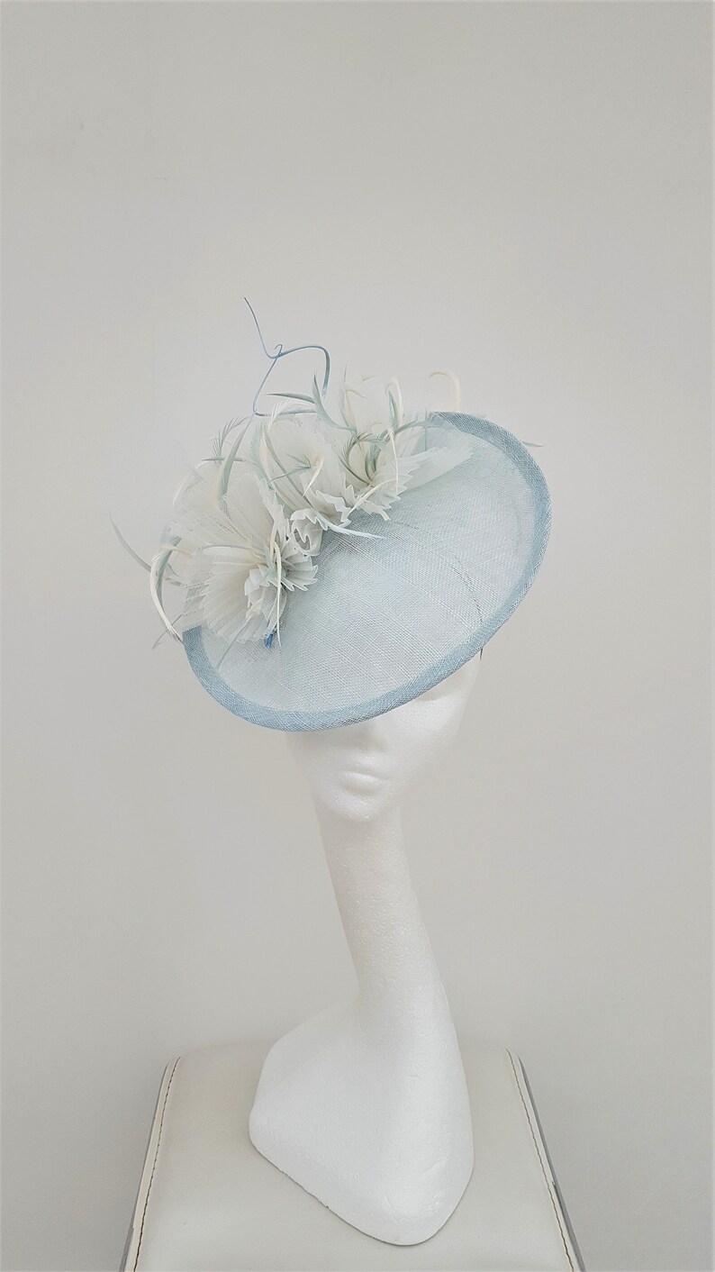 Duck egg blue forward facing disc fascinator. Wedding Etsy