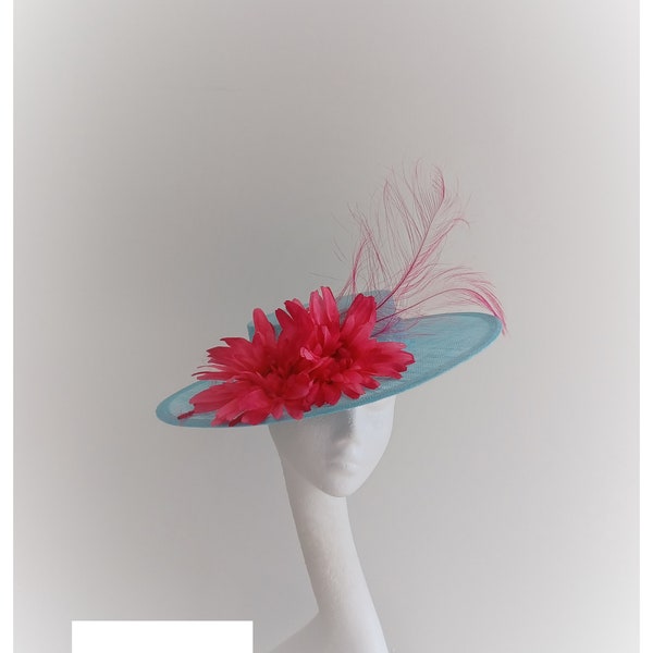 Aqua, Turquoise, pink Boater Hat. Wedding day Hatinator, Mother of the Bride, Kentucky Derby Hat, Royal Ascot Fascinator, Ladies Day Hat