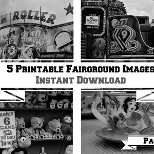 Klassische Fairground Fotografie, monochrome Wandkunst, instant download, Karnevalsritte, druckbares Kunstwerk, schwarz-weiße Fine Art