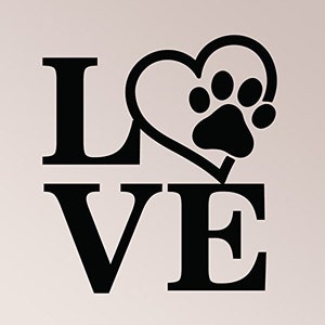 May include: Black and white graphic design with the word "LOVE" and a heart with a paw print inside.