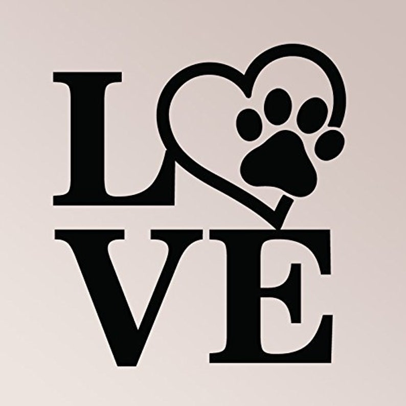 May include: Black and white graphic design with the word "LOVE" and a heart with a paw print inside.