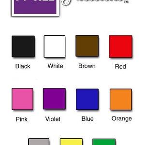 Op de afbeelding: Afbeelding met het "WALL Pressions" logo in een paarse vierkant met witte tekst. Daaronder bevinden zich kleurstalen met de labels: Zwart, Wit, Bruin, Rood, Roze, Violet, Blauw, Oranje, Grijs, Geel en Groen.