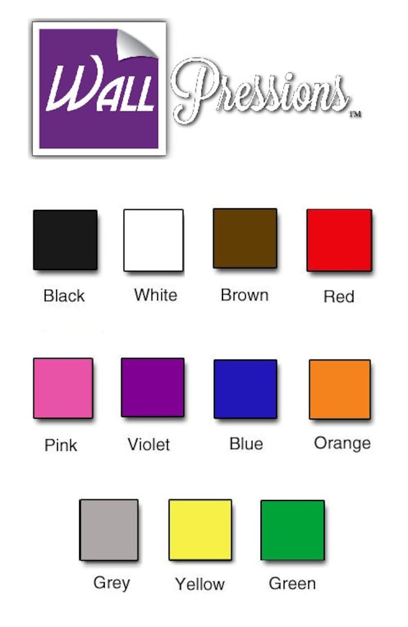 Op de afbeelding: Afbeelding met het "WALL Pressions" logo in een paarse vierkant met witte tekst. Daaronder bevinden zich kleurstalen met de labels: Zwart, Wit, Bruin, Rood, Roze, Violet, Blauw, Oranje, Grijs, Geel en Groen.