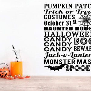 May include: Black and white Halloween themed wall decal with the text "Pumpkin Patch", "Trick or Treat", "Costumes", "October 31st", "Haunted House", "Halloween", "Candy Boo", "Candy Beware", "Jack-o-Lantern", "Monster Mash", and "Spooky".