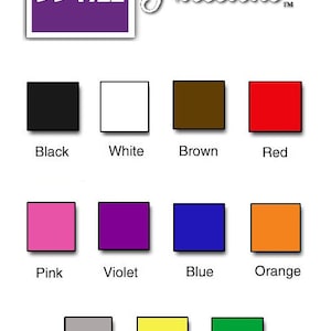 May include: A chart showing 12 different color squares with the name of each color written below the square. The colors are black, white, brown, red, pink, violet, blue, orange, grey, yellow, and green.