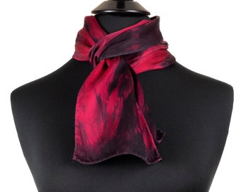 Small Red and Black Silk Scarf, Silk Scarf in Red and Black, Red silk scarf, hand painted silk charmeuse scarf