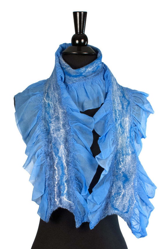 Scarf blue bohemian blue spring scarf, Nunofelt silk scarf, spring boho scarf, Nuno felt scarves, felt silk scarf