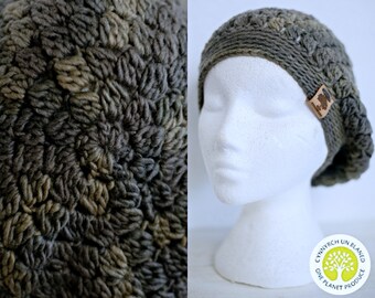 THE TAM Eco OPD Handmade Naturally Dyed Boho 100% Wool Crochet Knit Wartime Landgirl Beret Tam Hat Onion Green Marl