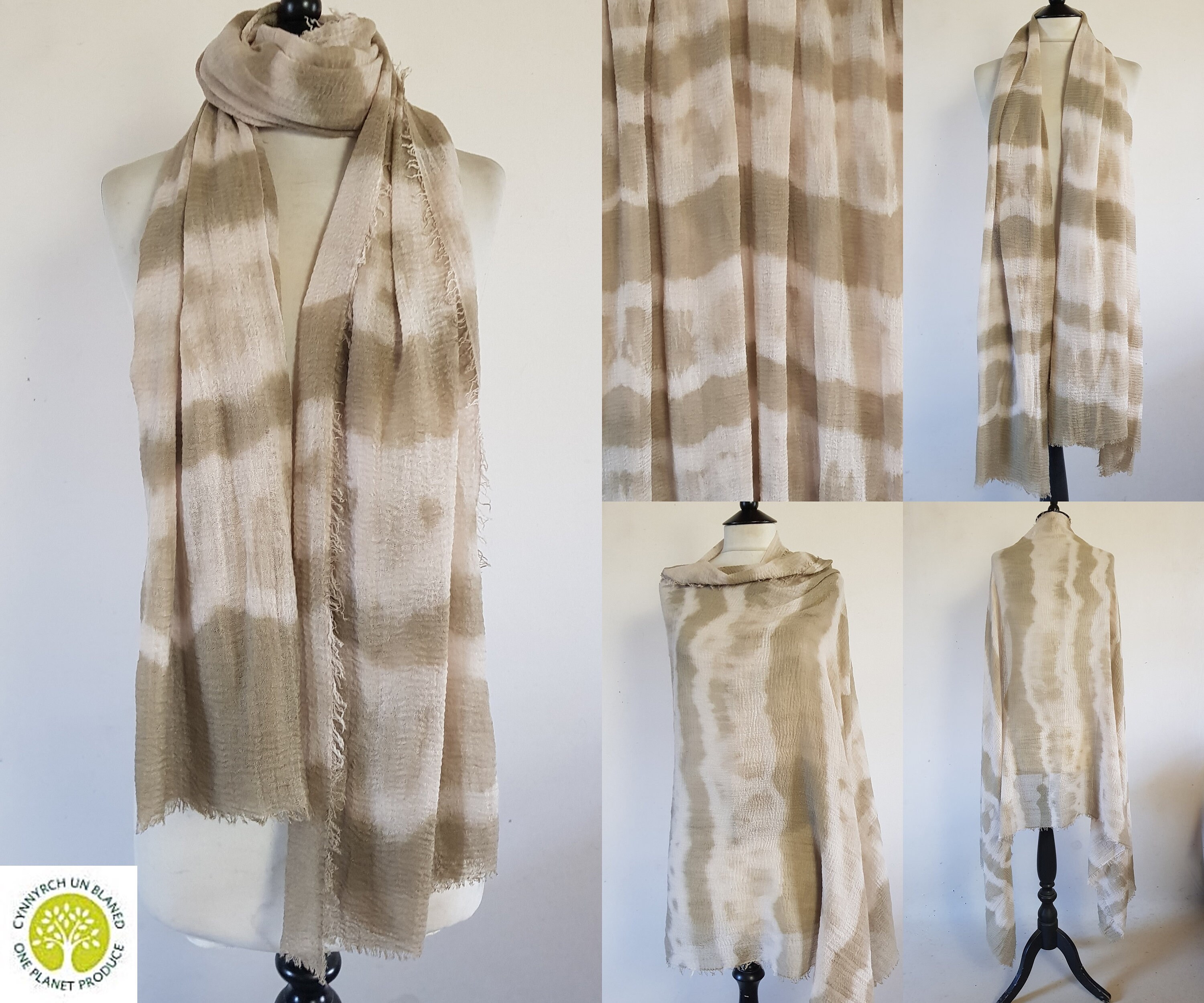 BOHO SHAWL Naturally Natural Plant Tie Dyed Large Floaty Crinkled Shawl Stole Scarf Hippy OPD Eco Beige
