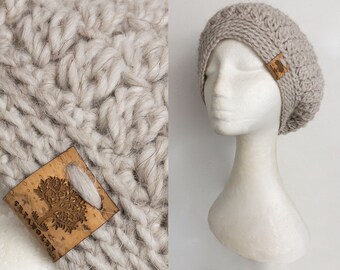 The VINTAGE TAM Handmade 1940s Landgirl Boho Alpaca Wool Blend Crochet Knit Beret Hat Undyed Natural Cream