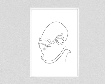 May include: Line art drawing of a whale's head in black on a white background.