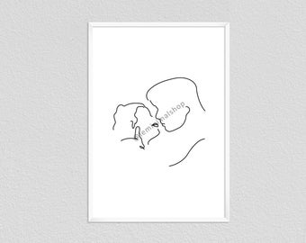 May include: Line art drawing of a couple kissing. The drawing is in black and white and is set against a white background.