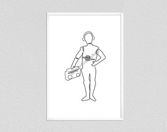 May include: Black and white line art print of a robot wearing headphones and holding a boombox. The robot is standing with one hand on its hip. The print is in a white frame.