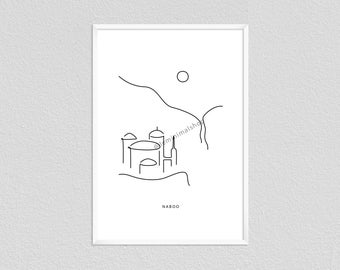 May include: A black and white line drawing of a city skyline with the word "NABOO" at the bottom. The drawing is on a white background.