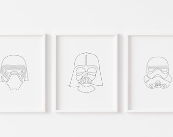Star Wars Helmet Minimal Art - Set of 3, Darth Vader, Kylo Ren, Stormtrooper | Starwars Modern Gallery Art Nursery Boys Room | Nerd Man Cave