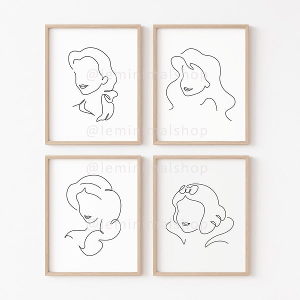 Imprimé Disney Princess Minimalist Line Art - Ensemble de 4 tirages | Belle Blanche-Neige Ariel Jasmine Dessins | Décor de chambre de princesse pour filles