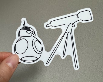 May include: A black and white line drawing of a robot and a telescope on a tripod. The robot is round and has a dome-shaped head. The telescope is pointed to the right.