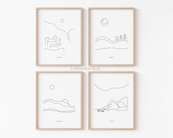 Star Wars Landscape Minimalist Line Art - Set of 4 Prints | Starwar Tatooine Endor Hoth Naboo Poster | Office Bathroom Kids Nursery Decor