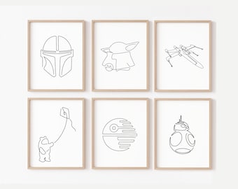 Star Wars kinderkamerkunst aan de muur: set van 6 prints | Star Wars kinderkamer wanddecoratie | Starwar-kraamcadeau