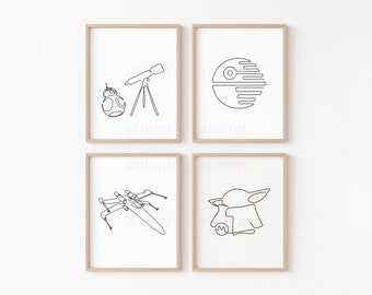 May include: Set of four black and white line art prints featuring Star Wars characters and objects. The prints include a Death Star, a TIE fighter, a BB-8 droid, and a telescope. The prints are framed in a light wood frame.