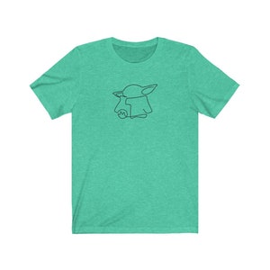 May include: A teal green t-shirt with a black line drawing of a cartoon character with large ears and a pointed head.