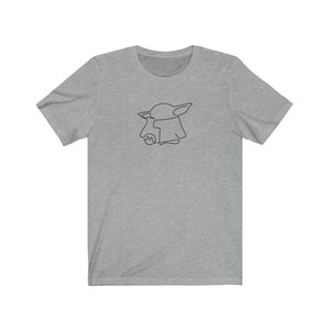 May include: A heather grey t-shirt with a black line drawing of a character from the Star Wars franchise, The Mandalorian.