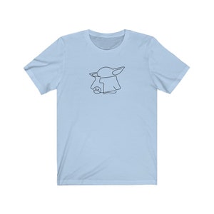 May include: A light blue t-shirt with a black line drawing of a character from the Star Wars franchise, The Mandalorian, known as "The Child" or "Baby Yoda".