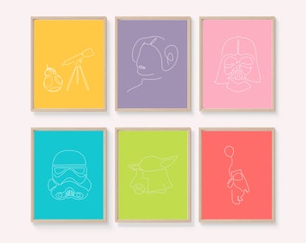 Star Wars Pop Art Minimalist Neon Line Art - Set of 6 Prints | Baby Yoda Stormtroooper Vader Leia | Nerd Gallery Wall Art Set