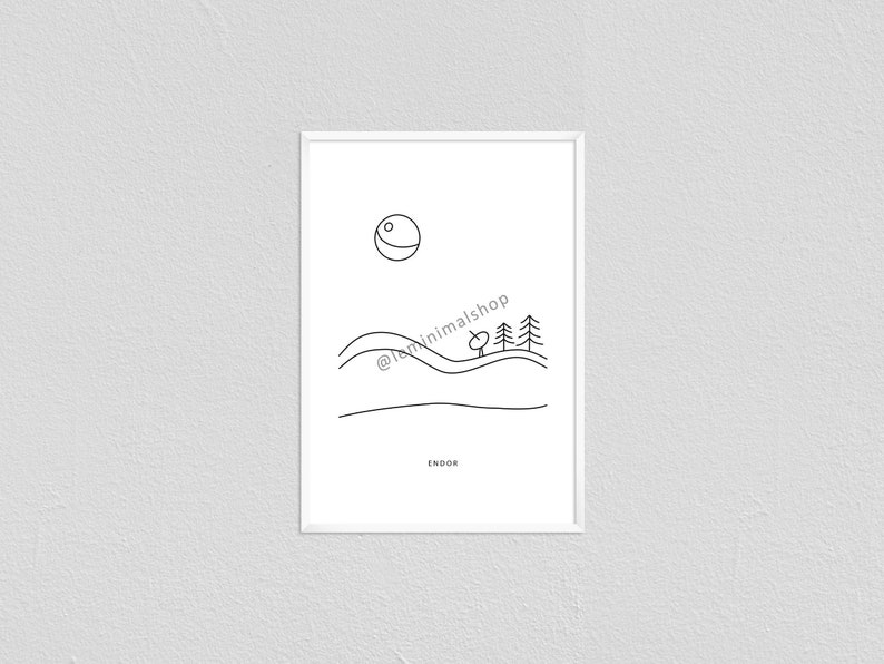 May include: A black and white line drawing of a landscape with a Death Star in the sky, trees, and the word "Endor" at the bottom.