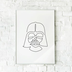 May include: A black and white line drawing of Darth Vader's helmet in a white frame against a white brick wall.