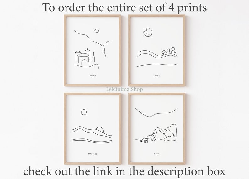 May include: Set of four minimalist line art prints featuring landscapes from the Star Wars universe. The prints include Tatooine, Endor, Hoth, and Naboo. Each print has a simple black line drawing of the landscape with a white background.