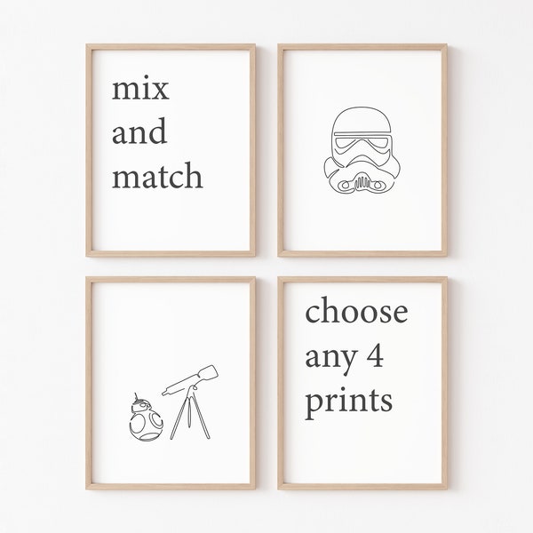 Star Wars Minimalist Line Art 'Mix & Match' Set of 4 Prints | Starwar Modern Home Wall Decor | Nursery Kid Bedroom Star War Theme