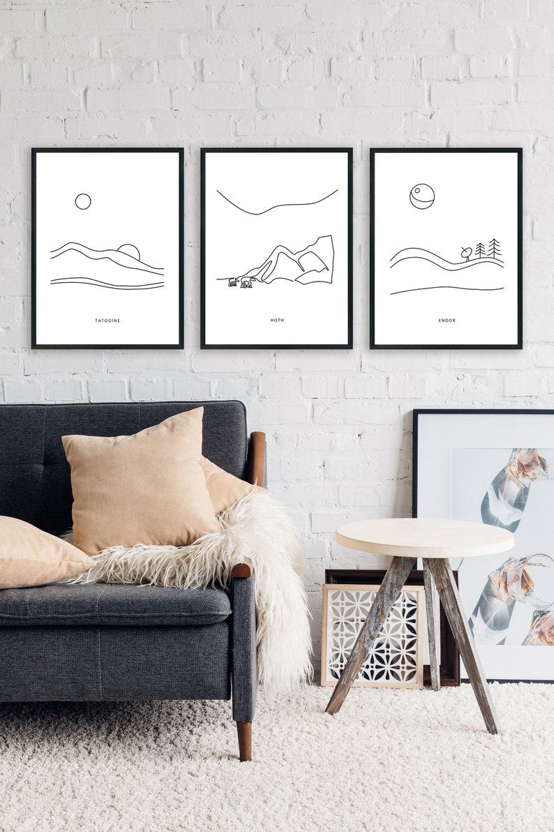 Star Wars Landscape Minimalist Line Art - Set of 3 Prints | Starwars Gift Tatooine Endor Hoth Poster | Nerd Gallery Wall Art image 4