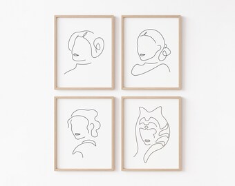 May include: Four framed minimalist line art prints. Each print features a black line drawing of a female figure's face and hair. The frames are light brown, and the background is white.