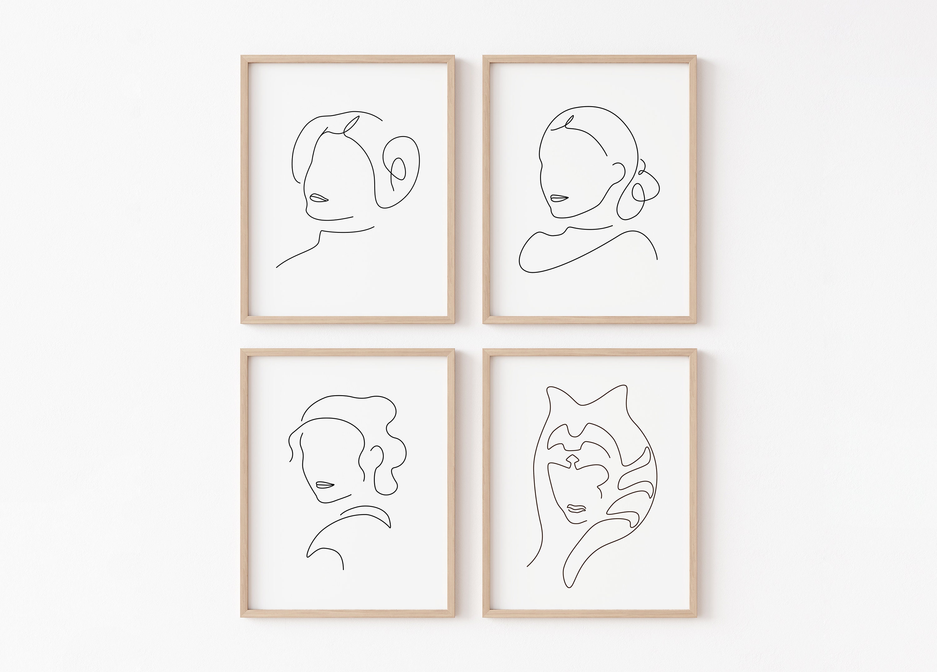 Women of Star Wars Line Art - Set of 4 Prints | Disney Princess Leia Rey Padme Ahsoka Poster | Office Bathroom Kids Nursery Decor Gift