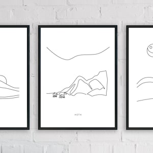Star Wars Landscape Minimalist Line Art - Set of 3 Prints | Starwars Gift Tatooine Endor Hoth Poster | Nerd Gallery Wall Art