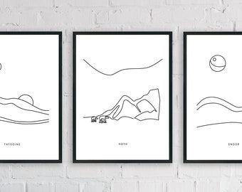 Star Wars Landscape Minimalist Line Art - Set of 3 Prints | Starwars Gift Tatooine Endor Hoth Poster | Nerd Gallery Wall Art