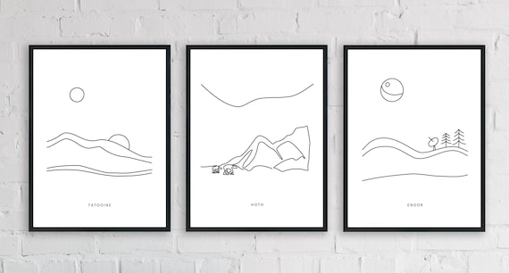 Star Wars Landscape Minimalist Line Art - Set of 3 Prints | Starwars Gift Tatooine Endor Hoth Poster | Nerd Gallery Wall Art